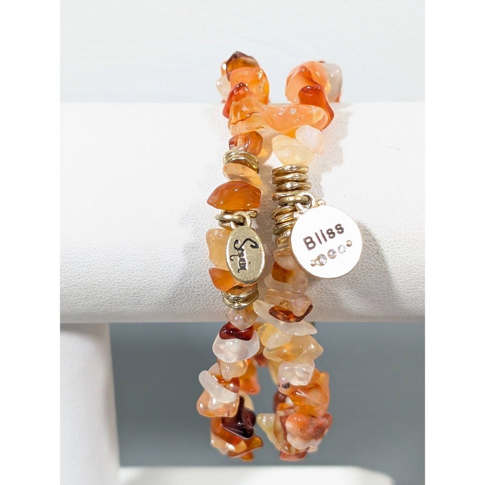 Sequin Set of‎ 2 Agate Stone Chip Stretch Bracelets Stacking Charm 6.5 in Boho